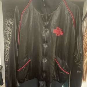 1970’s Rare Harley-Davidson black satin bomber style jacket with red accents